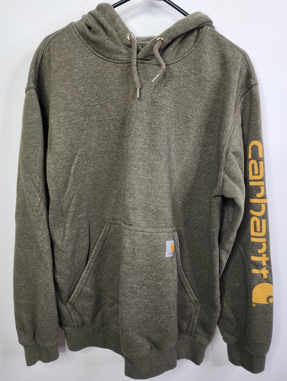 Carhartt Olive Green Men’s Hooded Sweatshirt with Gold Sleeve Logo, Medium